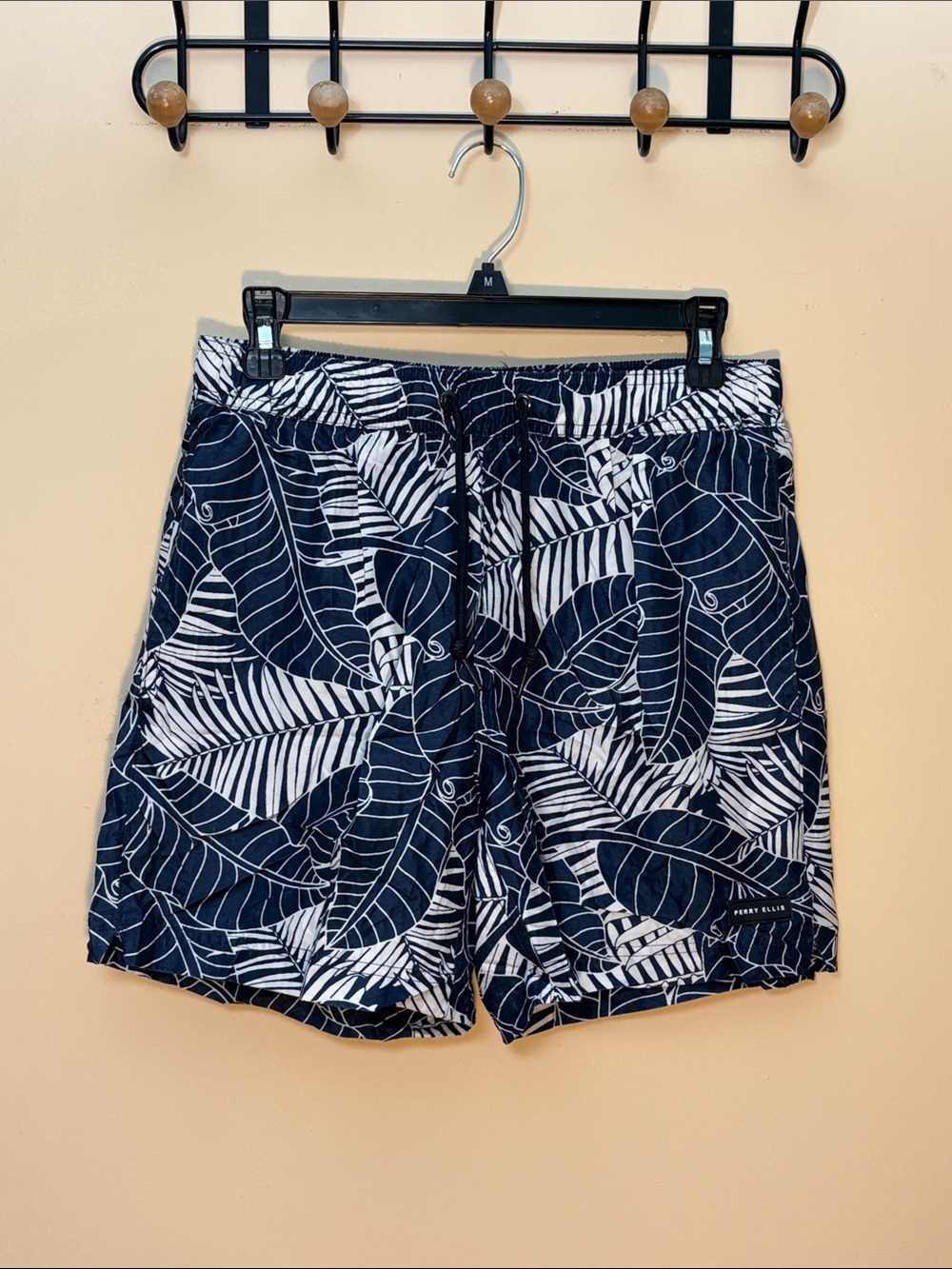 Perry Ellis Navy and White Tropical Leaf Swim Trunks